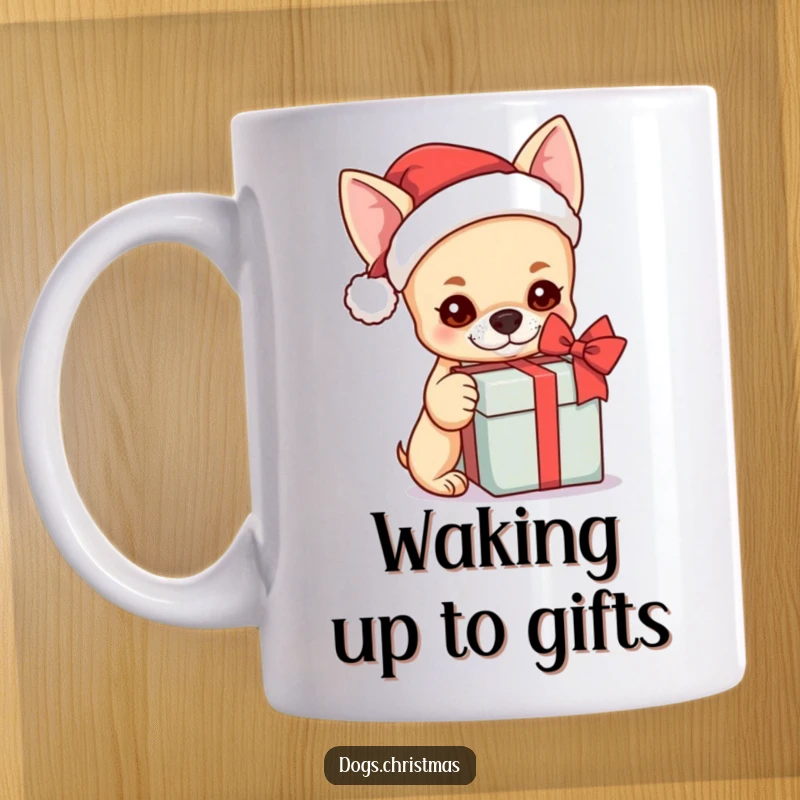 Funny kawaii chihuahua in a tiny Santa hat, curiously shaking a gift box, with an inquisitive expression.