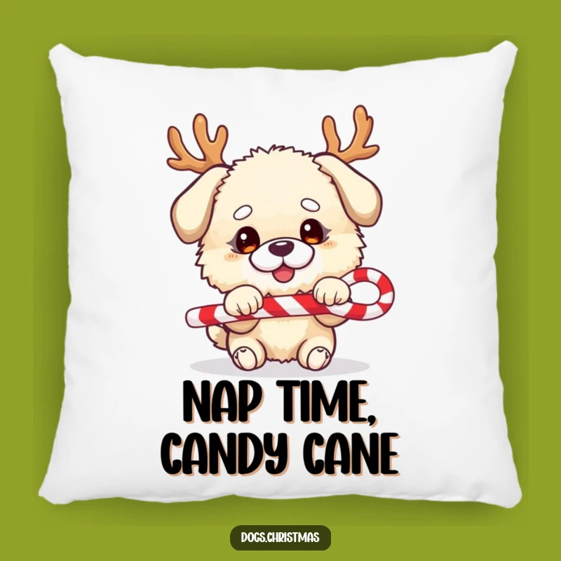 Comfy Funny Festive Dog Pillow - Fluffy Antler Pup Candy Cane Accent