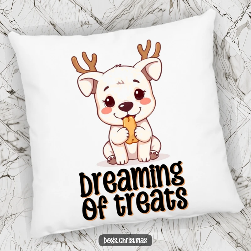 Funny kawaii dog wearing reindeer antlers, begging for treats, depicted on a soft and decorative pillow.