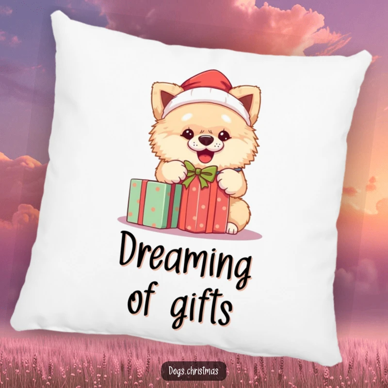Funny Santa dog pillow featuring a fluffy dog in a Santa hat, enthusiastically unwrapping a holiday gift, perfect for cozy decor.