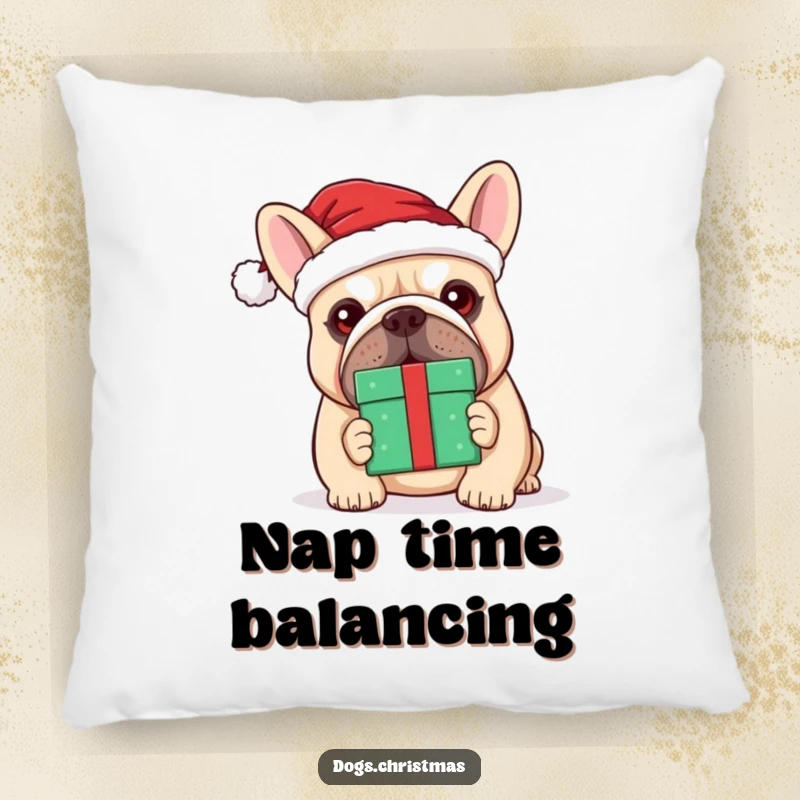 Funny kawaii bulldog wearing a Santa hat, comically balancing a present on its nose, perfect for cozying up.