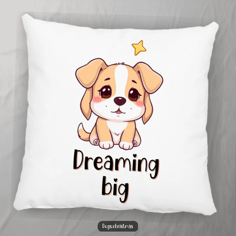 Funny pillow with a dog gazing hopefully at a star, perfect for cozy moments and sweet dreams.