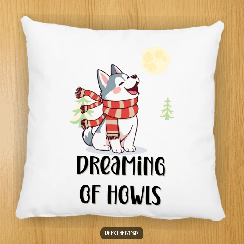 Funny kawaii husky wearing a festive scarf, howling merrily at the moon, a soft and comforting pillow.