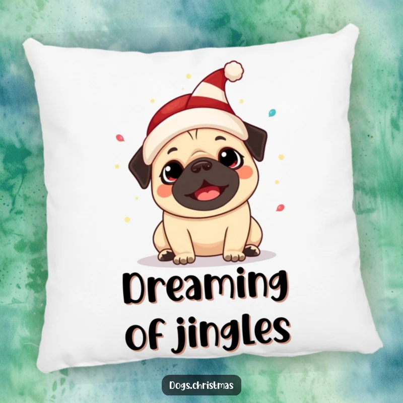 Funny Kawaii Pug Pillow: A happy pug in an elf hat barks among festive lights, a humorous and comforting decorative item.