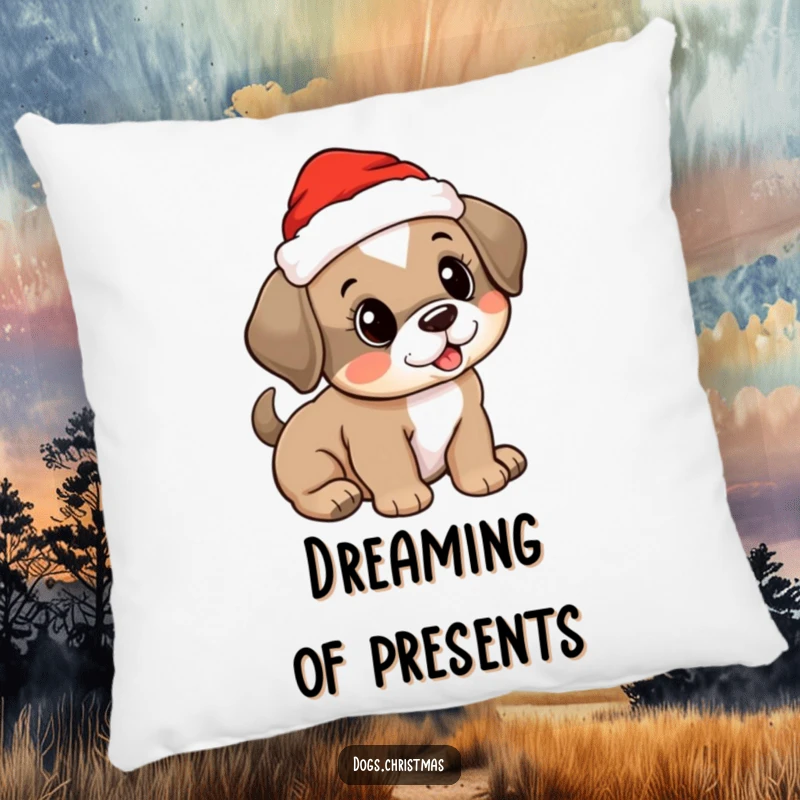 Funny and soft pillow with a cute puppy in a Santa hat, its tail wagging, perfect for cozy holiday decorations.