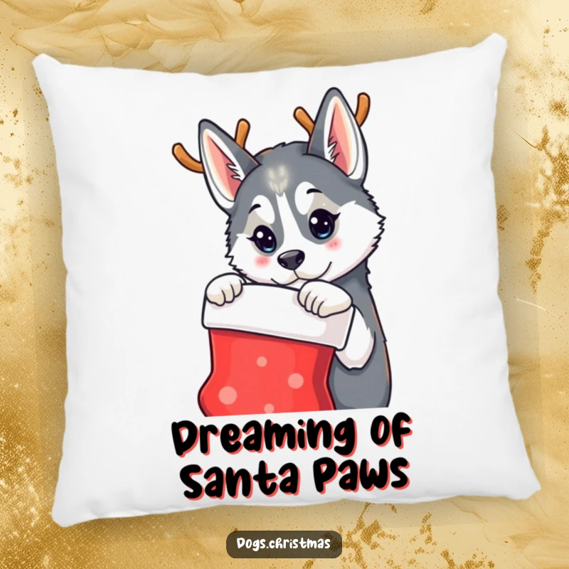 Funny pillow with a husky dog wearing reindeer antlers, curiously observing a Christmas stocking, perfect for cozy holiday nights.