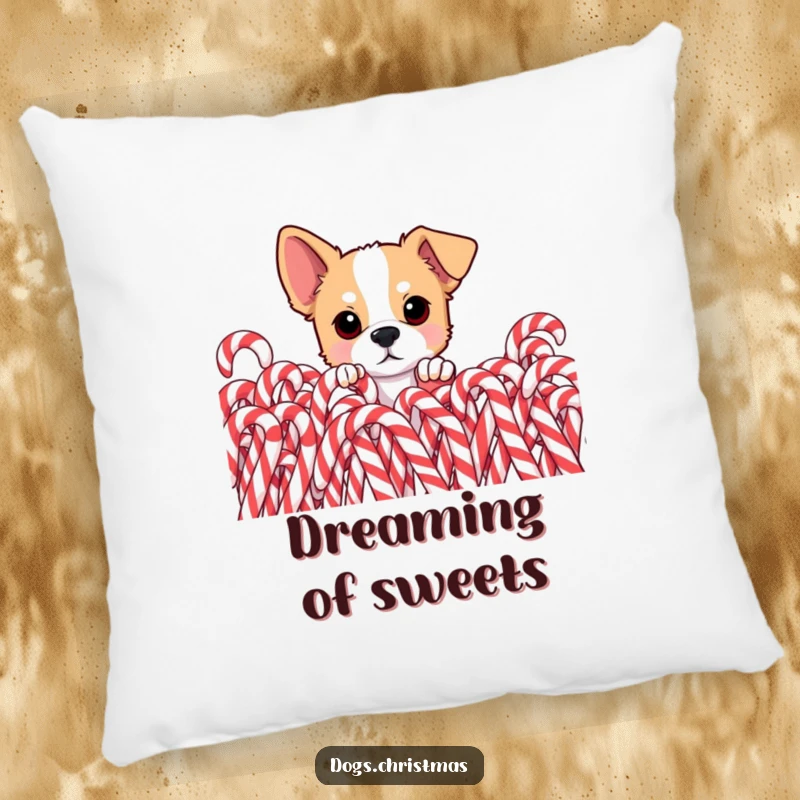 Funny dog pillow, curious pup peeking from behind pile of candy canes, eyes wide, soft and decorative holiday accent.