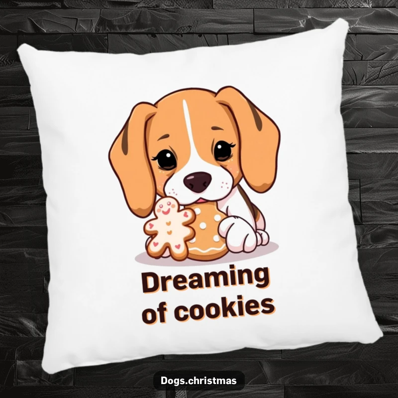 Funny Beagle Pillow: A beagle sniffs a gingerbread cookie with great focus, providing comfort and humorous dog-themed decor.