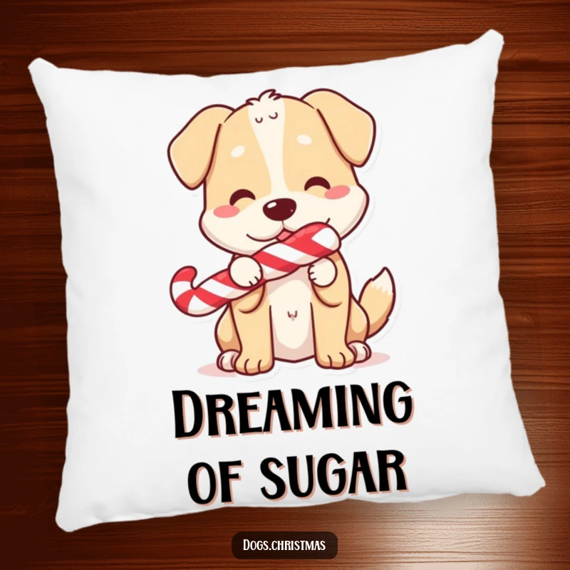 Funny Pillow: A happy dog holding a candy cane, its tail blurred with motion, looking soft and inviting.
