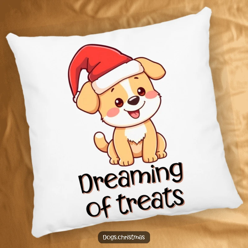Funny kawaii Christmas dog with Santa hat on a pillow, cozy holiday accent, cute pup design, ideal funny gift.