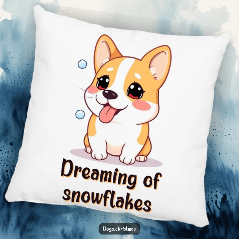 Funny pillow with a Corgi dog comically catching snowflakes on its tongue, perfect for cozy winter decoration.