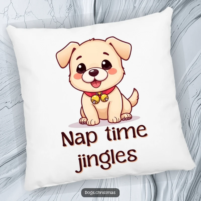 Funny pillow featuring a sweet dog with tiny jingle bells on its collar, adding playful comfort.