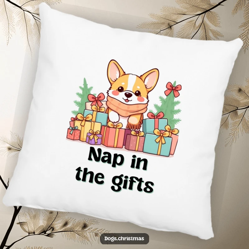 Funny Kawaii Corgi Pillow: A cozy-scarfed corgi peeks from a gift pile, a humorous and plush decorative item.