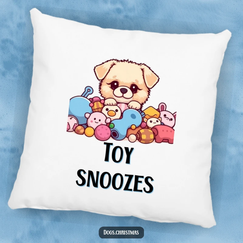 Funny kawaii dog with scarf playing with a gift on a pillow, cozy holiday accent, cute pup design, ideal funny gift.