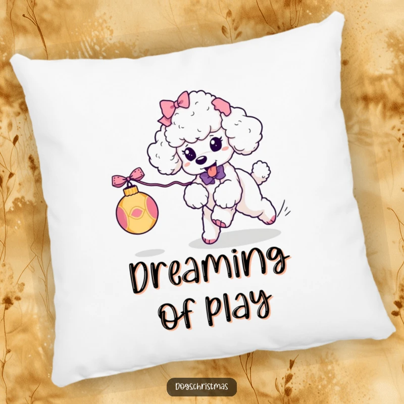 Funny Kawaii Poodle Pillow: A ribbon-adorned poodle playfully chases a festive ornament, a humorous and plush decorative item.