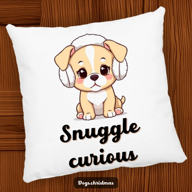 Funny Kawaii Puppy Pillow: A soft cushion featuring a curious kawaii puppy wearing festive earmuffs, adding cute charm.