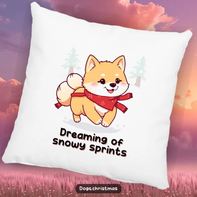 Funny Kawaii Shiba Inu Pillow: A festive bandana-clad dog happily leaping through soft snow, bringing warmth and humor.