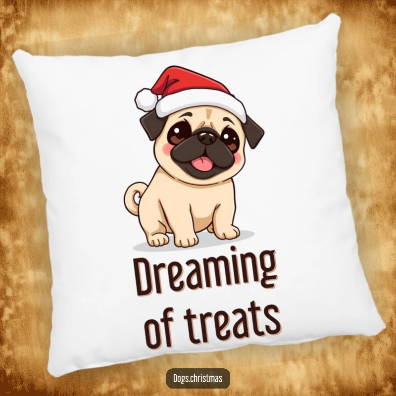 Funny Pug Santa Pillow featuring a cute pug wearing a Santa hat, excitedly wagging its tail, perfect for cozy holidays.