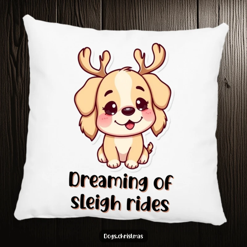Funny Pillow: A comforting dog character wearing festive reindeer antlers, looking soft and inviting for snuggles.