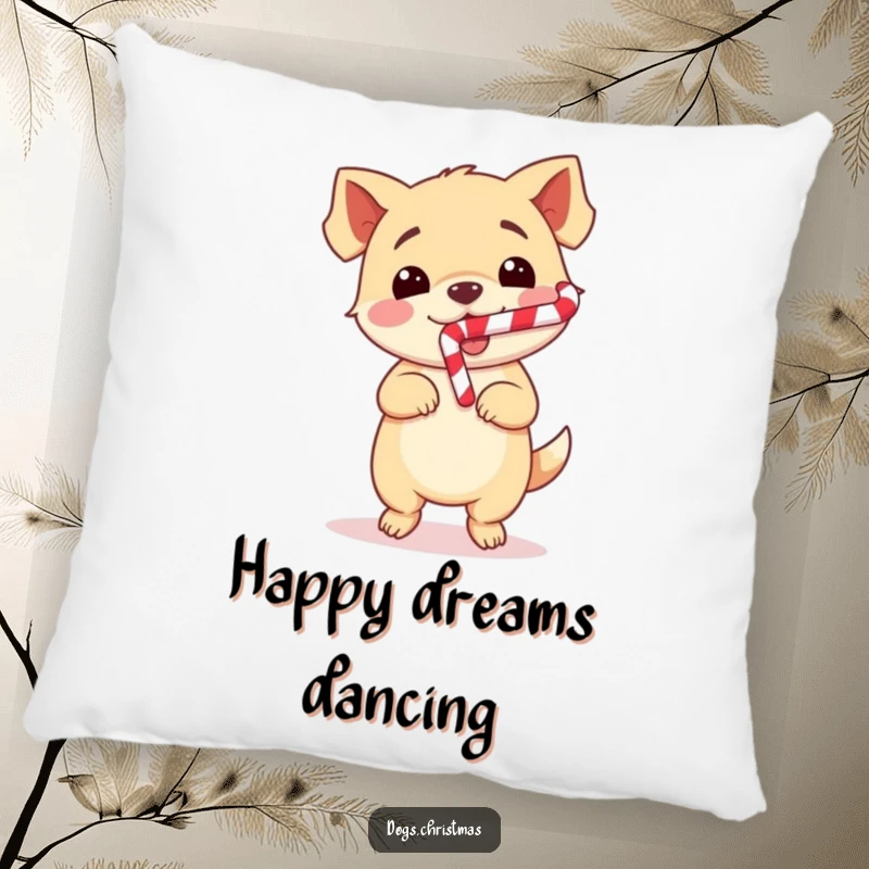 Funny Dog Pillow with a cute kawaii dog doing a happy dance with a candy cane, perfect for adding holiday comfort and cheer.