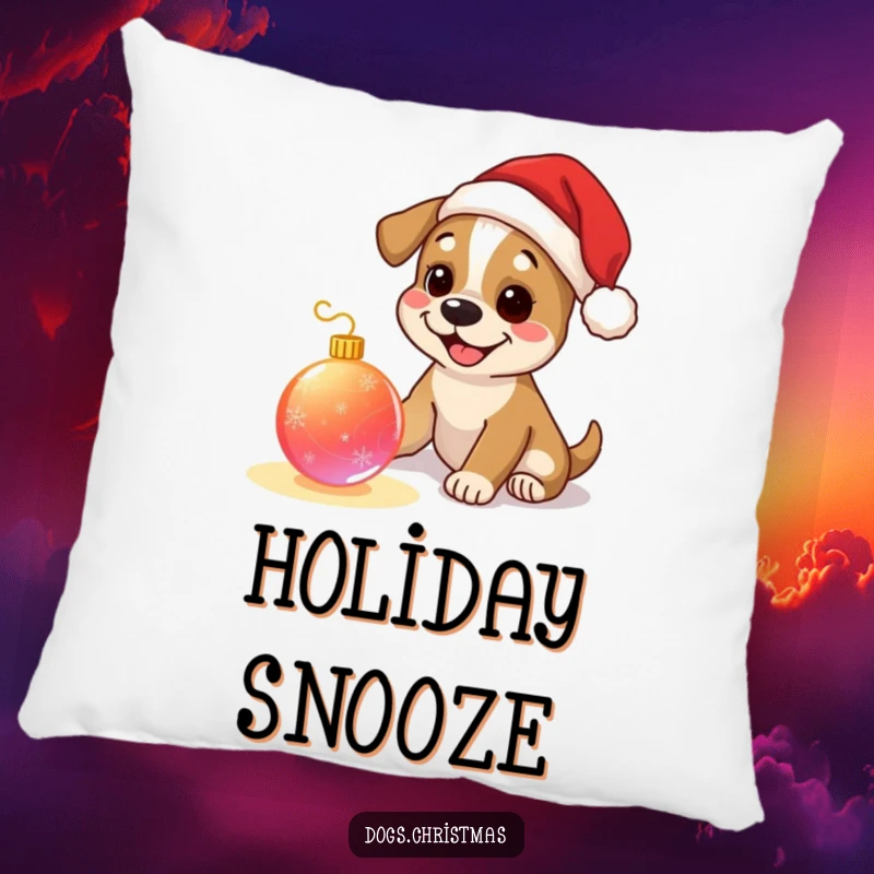 Funny dog pillow, happy pup wearing tiny Santa hat, playing with a glowing Christmas ornament, soft and decorative holiday accent.
