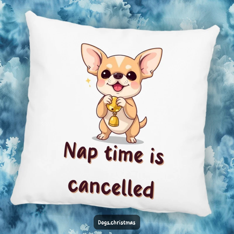 Funny chihuahua joyfully shaking a jingle bell toy, a plush pillow for ultimate comfort and humor.