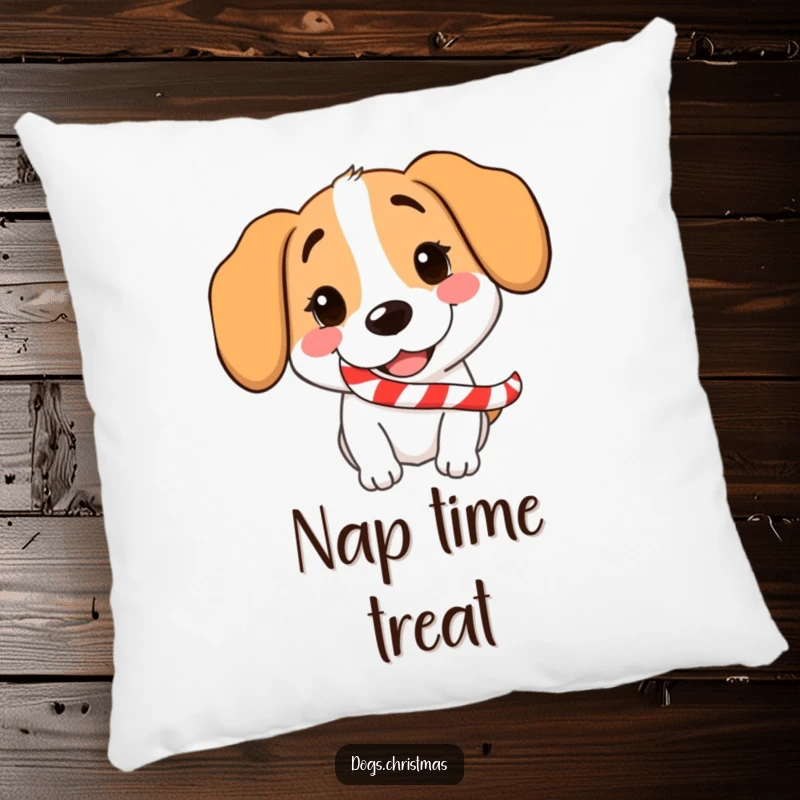 Funny Dog Candy Cane Pillow featuring a grinning dog with a candy cane, soft and humorous holiday decor.