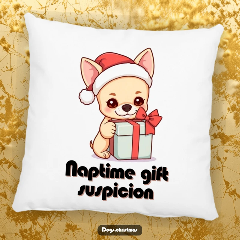 Funny kawaii chihuahua wearing a Santa hat, curiously shaking a gift box, a soft and comforting pillow.