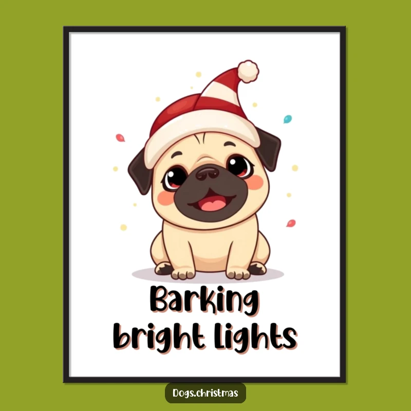 Funny Kawaii Pug Elf Hat Digital Print: Festive Lights Art Perfect Funny Gift