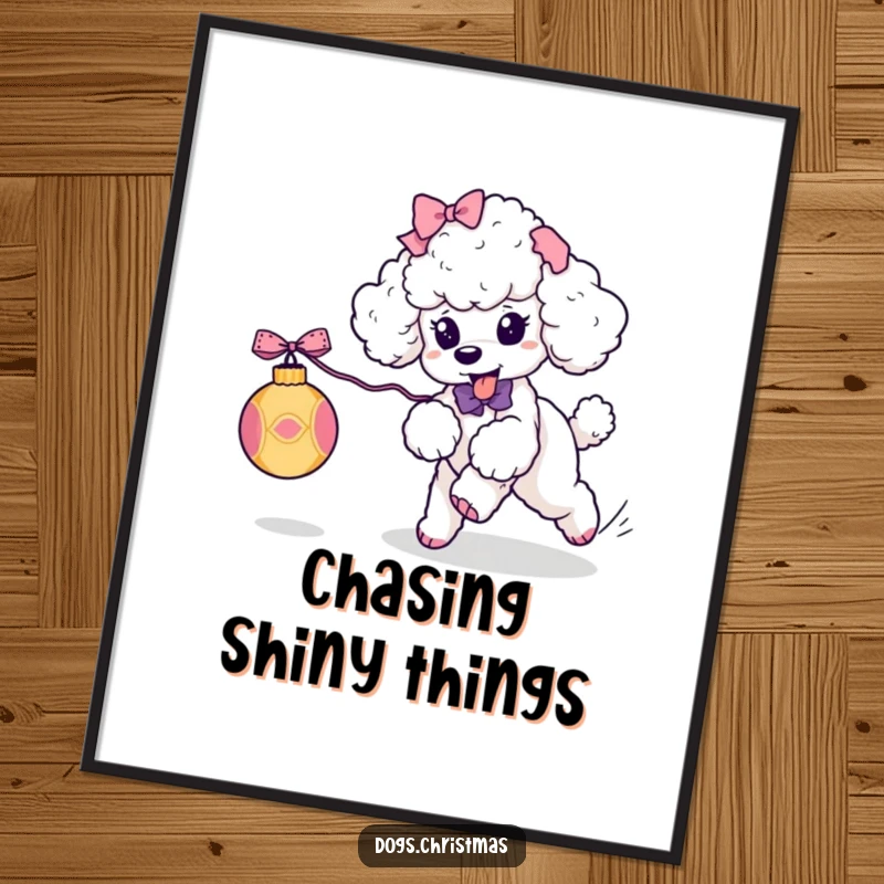 Funny Kawaii Poodle Digital Art Print: A ribboned poodle playfully chases a festive ornament, a humorous and dynamic holiday digital artwork.