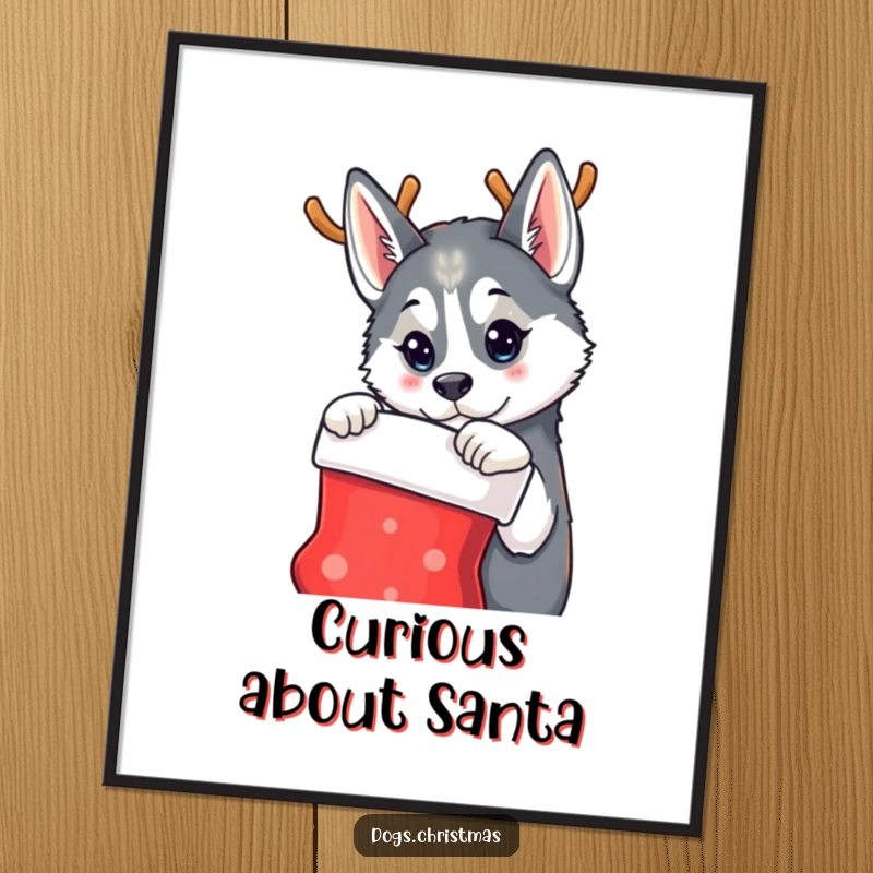 Funny digital art print of a husky dog wearing reindeer antlers, looking curiously at a Christmas stocking, full of holiday anticipation.