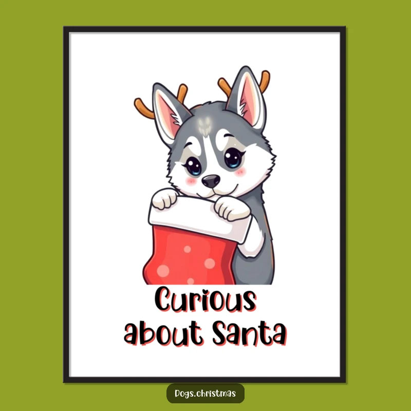 Funny Husky Reindeer Digital Print - Instant Holiday Dog Art Gift