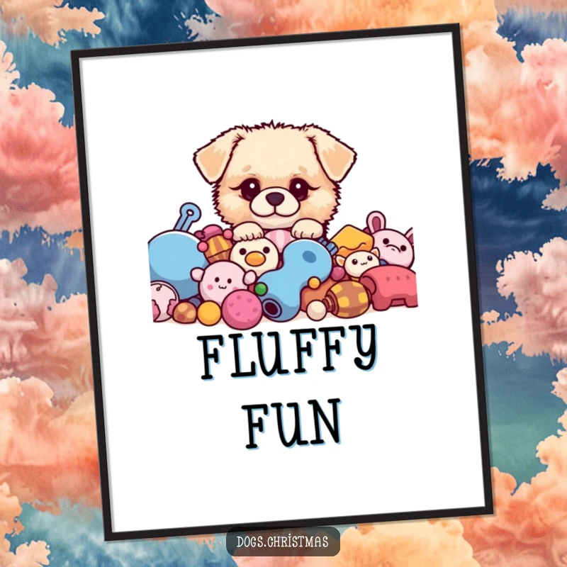 Funny kawaii dog peeking from behind toys, fluffy pup digital art print, instant download, cute dog illustration, perfect funny gift.