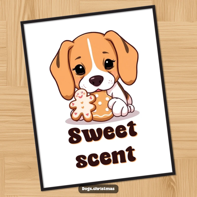 Funny Beagle Digital Art: A beagle sniffs a gingerbread cookie with intense focus, a humorous and heartwarming instant download.