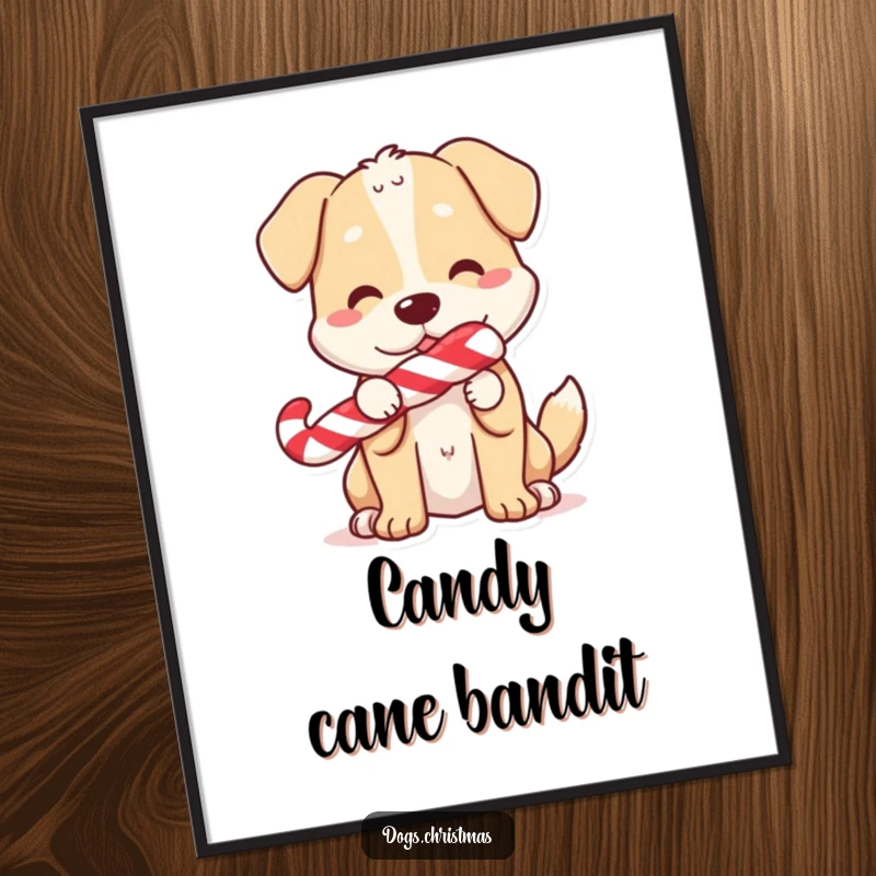 Funny Digital Art Print: A dog holding a candy cane, tail wagging, embodying festive sweetness and holiday cheer.