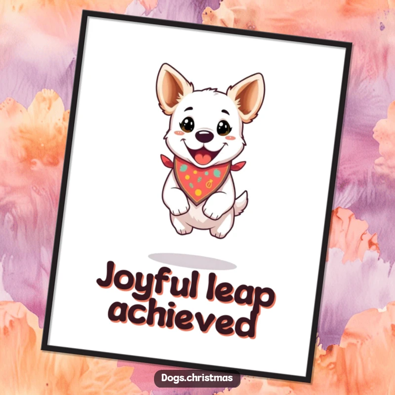 Funny digital art print of a dog in a festive bandana, performing a happy jump, ready for instant download.
