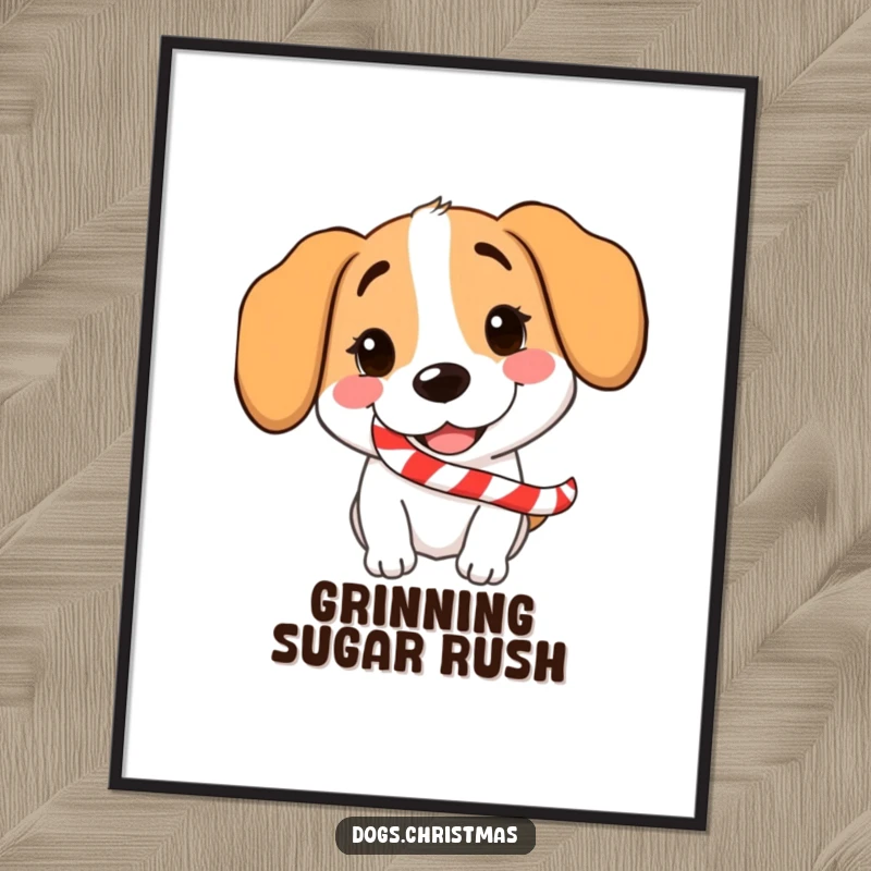 Funny Dog Candy Cane Digital Art Print showing a grinning dog with a candy cane, instant festive humor.