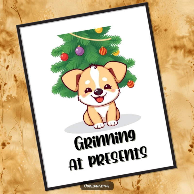 Funny Dog Christmas Digital Art Print: A grinning dog peeks from under a Christmas tree, ready to add festive humor to your walls.