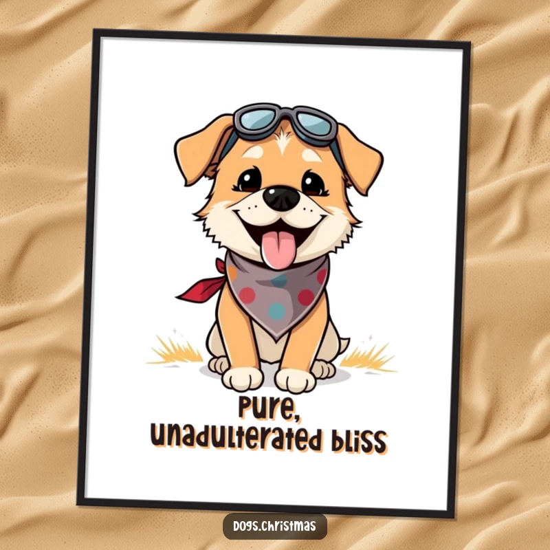 Funny digital art print of a dog with a bandana, panting with outdoor joy, instant downloadable humorous wall art.