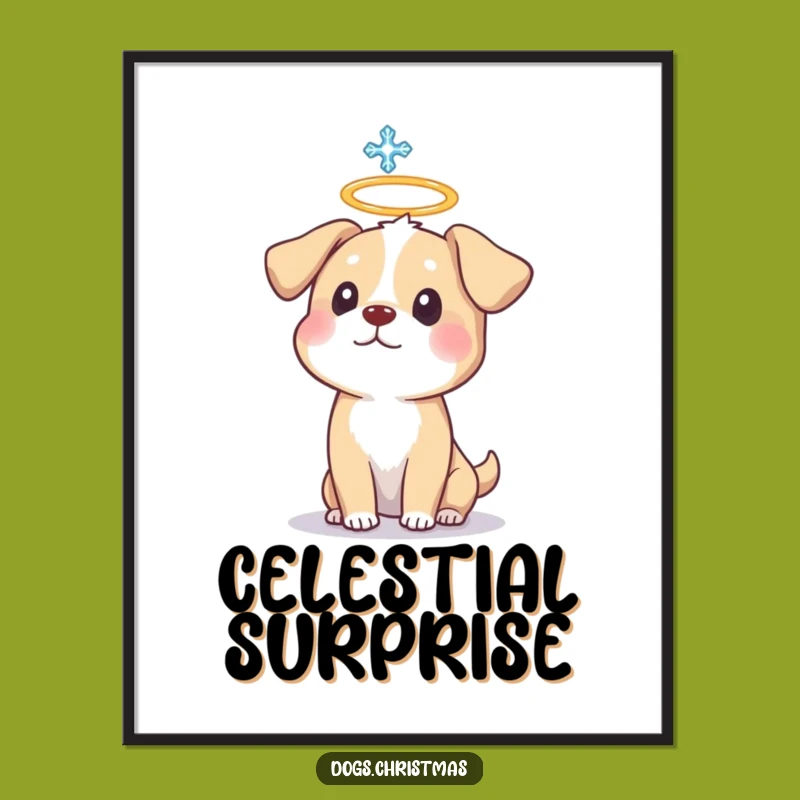 Funny Dog Halo Digital Art Print: Instant Laughs with Surprised Pup's Halo & Snowflake Art