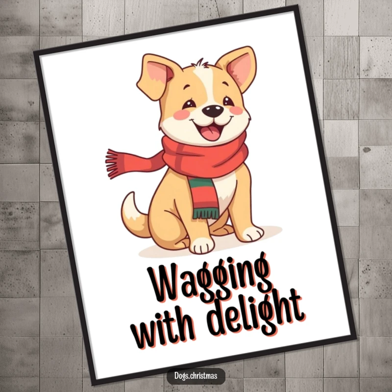 Funny festive dog digital art print of a happy dog in a scarf, tail wagging with pure joy, perfect for happy wall decor.