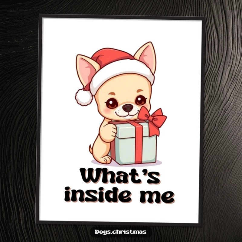Funny kawaii chihuahua wearing a Santa hat, curiously shaking a gift box, instant digital download.