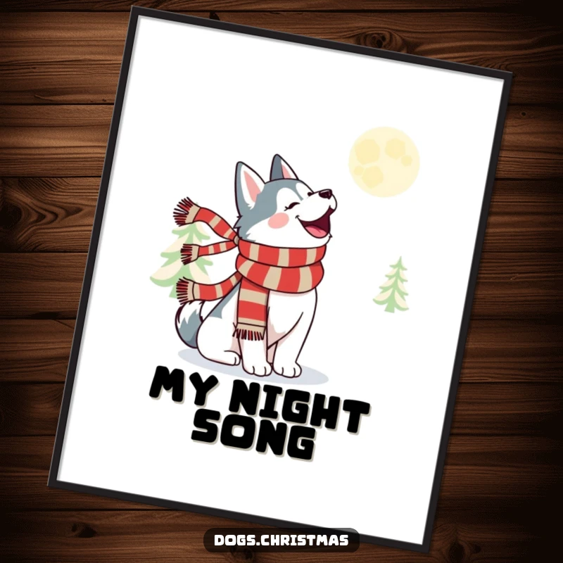 Funny kawaii husky wearing a festive scarf, howling merrily at the moon, instant digital download.
