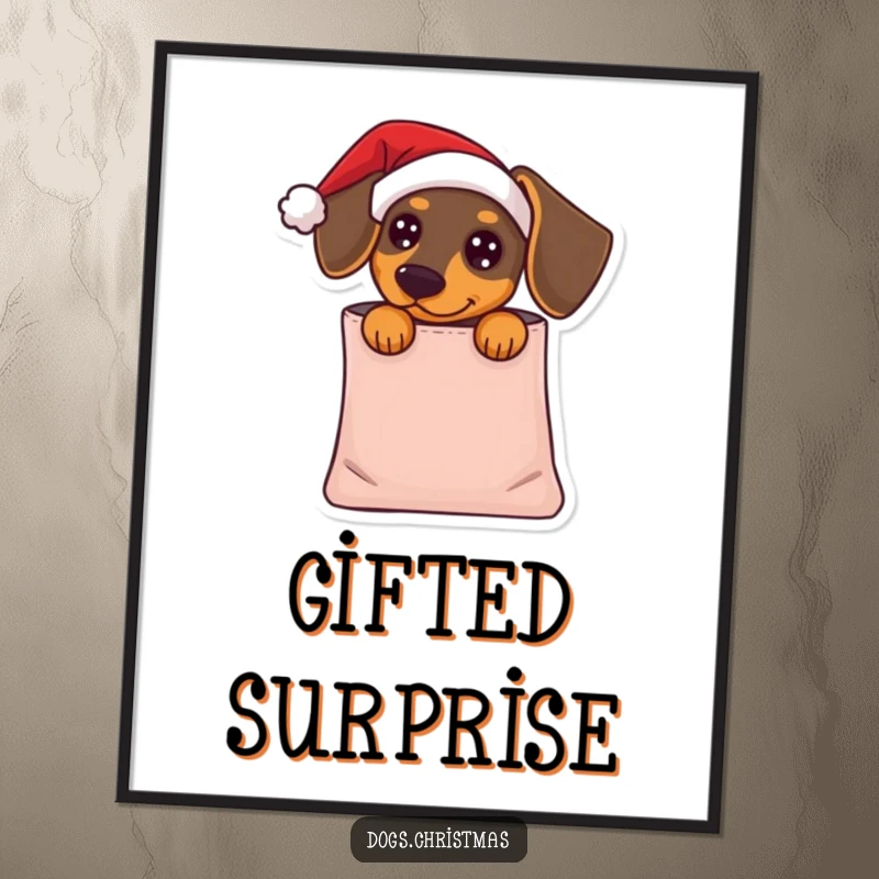 Funny Dachshund Digital Art: A dachshund in a Santa hat peeks from a gift bag, a humorous and adorable holiday instant download.