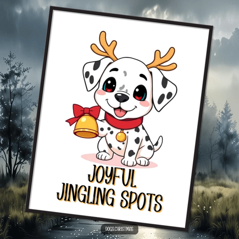 Funny Kawaii Dalmatian Digital Art Print: A dalmatian in reindeer antlers joyfully holds a jingling bell, a humorous holiday digital artwork.