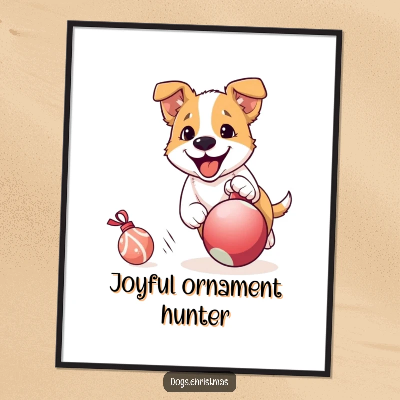 Funny Dog Digital Art Print: An energetic dog excitedly chases a rolling Christmas ornament, capturing holiday spirit and playful, festive fun.
