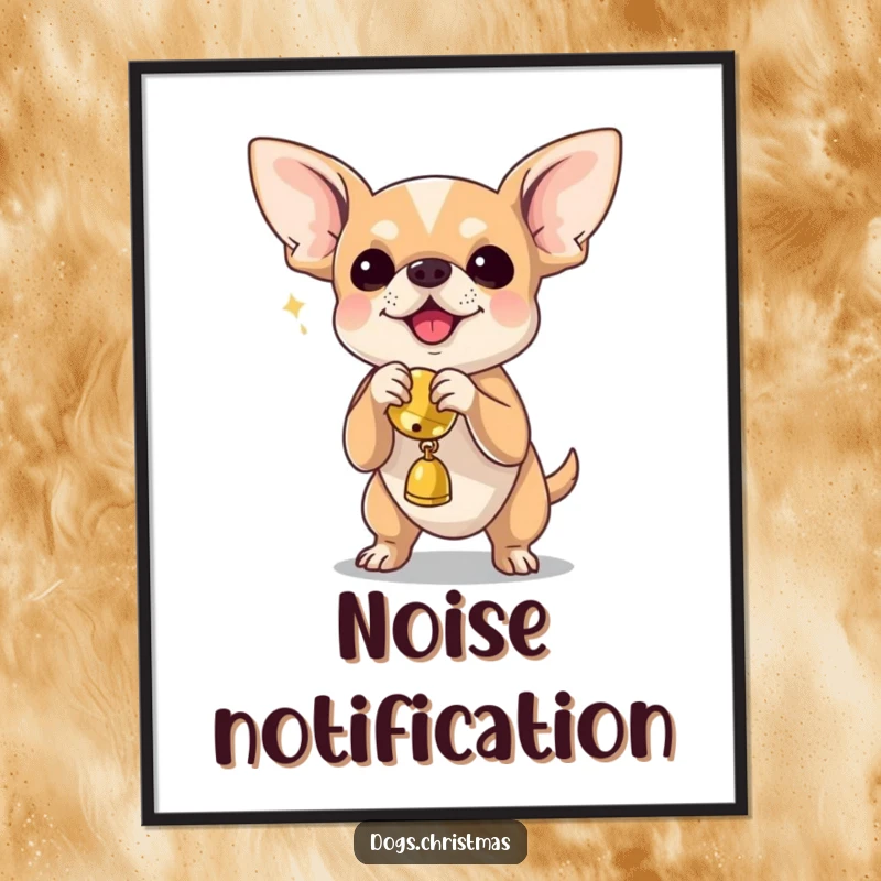 Funny chihuahua shaking a jingle bell toy, a downloadable digital art print for instant humor.