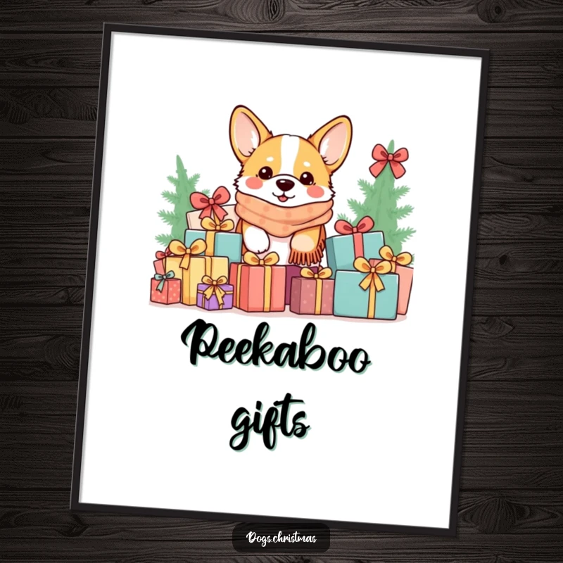 Funny Kawaii Corgi Digital Art Print: A corgi in a cozy scarf peeks from a gift pile, a humorous and festive digital artwork.