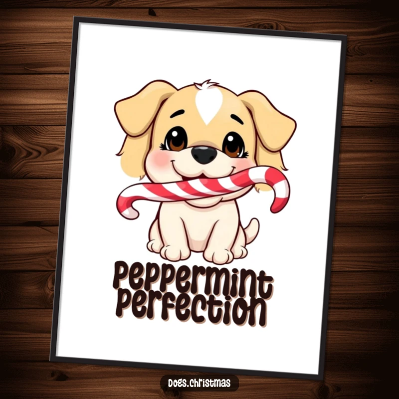 Funny Dog Digital Art Print: A humorous illustration of a dog smiling with a candy cane in its mouth, ready for instant download.