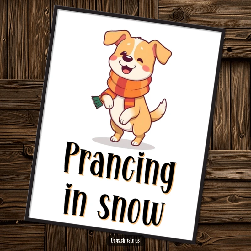 Funny Dog Digital Art Print: A humorous illustration of a dog wearing a festive scarf and doing a happy prance, ready for instant download.
